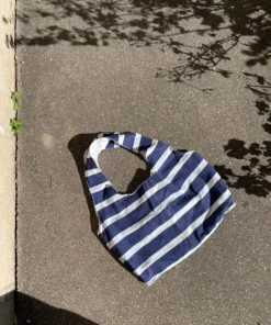 Marthe tote bag - vintage fabric with horizontal navy blue stripes