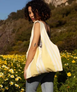 Marthe tote bag - vintage fabric with pale yellow stripes