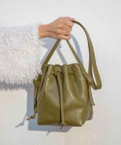 Bucket bag, smooth leather bag, khaki green color